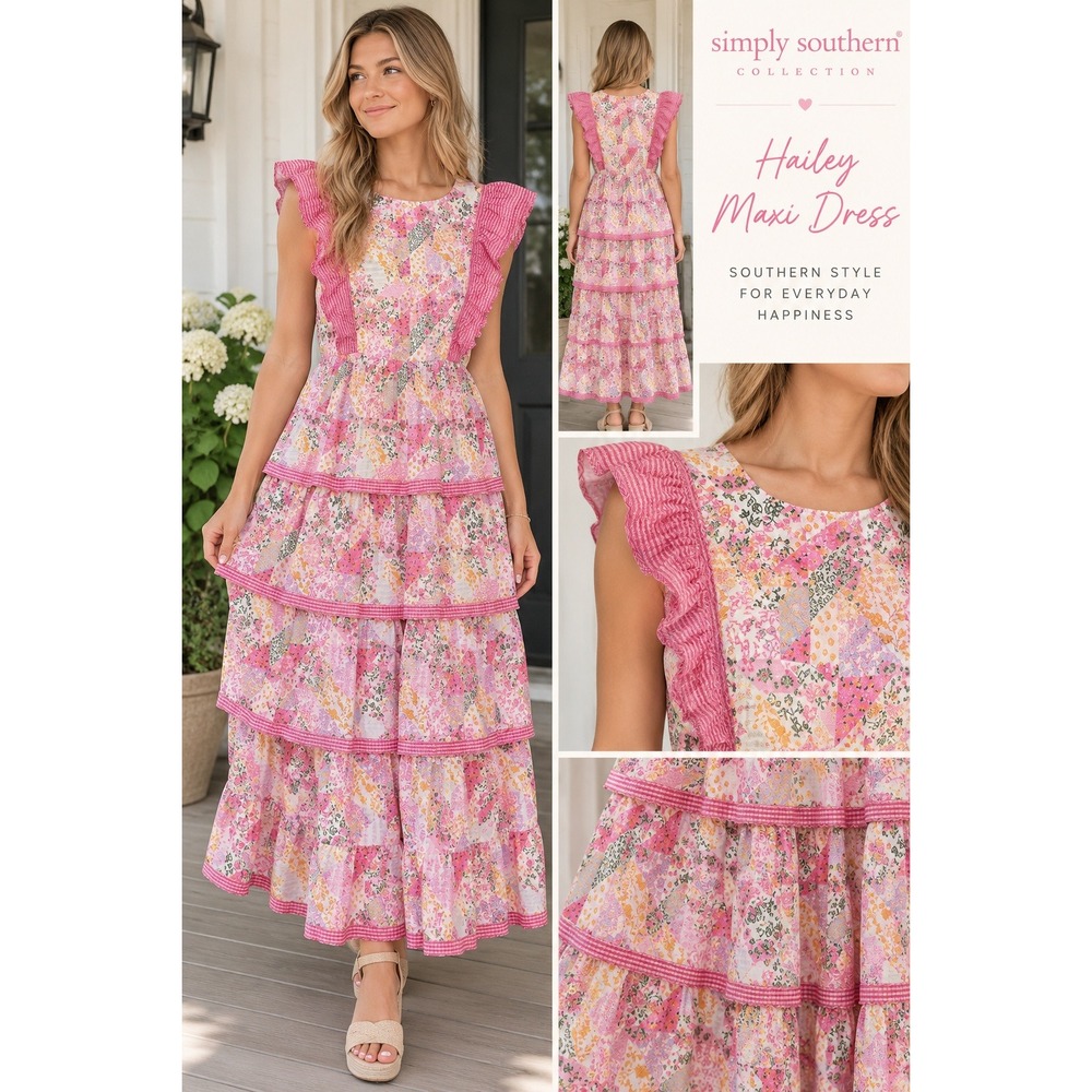 NWT Simply Southern Hailey Maxi Dress L Pink Floral Patchwork Ruffle Tiered